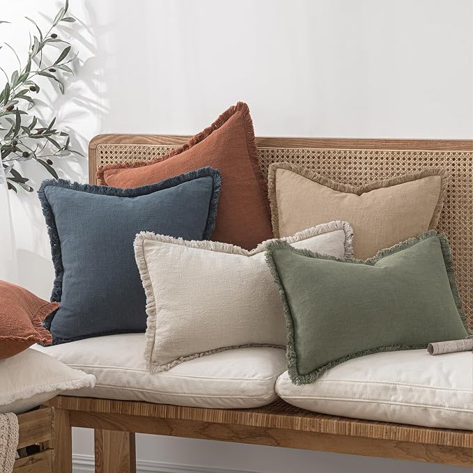 MIULEE Boho Linen Fringe Decorative Euro Throw Pillow Covers Camel 22x22 | Set of 2, Cottagecore Decor, Boho Farmhouse Neutral Pillow Covers, Rustic Couch Cushion Cases for Sofa Bed Living Room