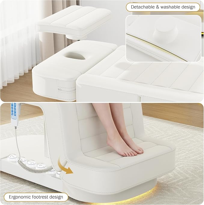 3 Motor Electric Massage Table - Heavy Duty Professional Massage Table with Electric Backrest, Foot Pedal & Height, Esthetician Tables with LED Light, Metal Pedestal and PU Leather for Spa, Beauty