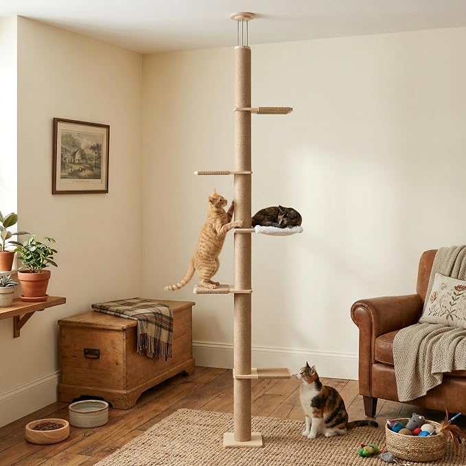 Floor to Ceiling Cat Tree,5 Tier Adjustable Height Climbing Tower | 6-10.1 FT with Sisal Scratching Posts, Cats Activity with Cozy Hammock for Indoor Cats (Floor to Ceiling)