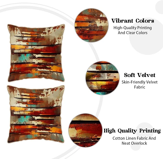 Burnt Orange Teal Rust Soft Velvet Throw Pillow Covers Set of 2 Abstract Vintage Metalic Copper Pillow Covers 16x16 Inch Retro Colorful Pillow Case For Sofa Couch Living Room Farmhouse Home Decor