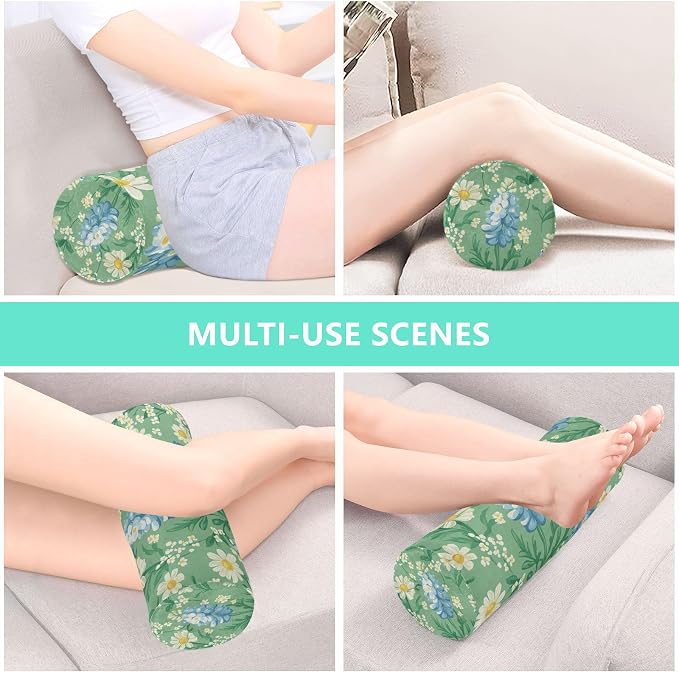 Mint Green Bluebonnet and Daisy Flowers Neck Roll Pillow Bolster Round Health Memory Foam Long Cervical Cylinder Pillows with Removable Washable Cover for Body Bed Legs Back Yoga