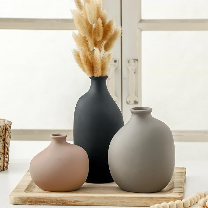 Ceramic Vase Set of 3, Small Modern Minimalist Pottery Vases for Home Decor | Set of 3 with unique shapes and matte finish, perfect for shelves, tables, dried flowers and pampas grass.