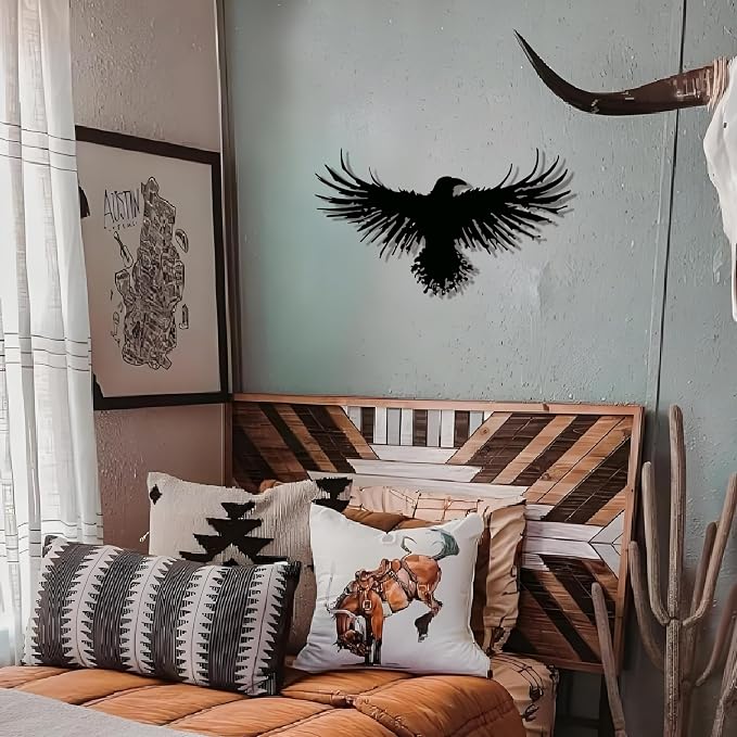 Metal Raven Wall Art, 3D Viking Crow Decor for Gothic Home, Black Outdoor | Striking 3D raven/crow sculpture, gothic & viking inspired, weatherproof for both indoor and outdoor display