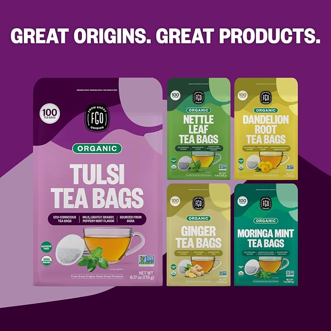 FGO Organic Tulsi Holy Basil Tea, 100 Count, Eco-Conscious Herbal Tea Bags, Resealable Bag, Caffeine Free, Packaging May Vary (Pack of 1)