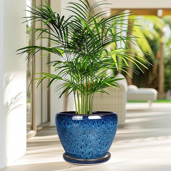 Ceramicfor 10 Inch Ceramic Planter Pot, Ceramic Plant Pot for Indoor Outdoor Plants, Large Flower Pot with Drainage Hole and Saucer, Blue