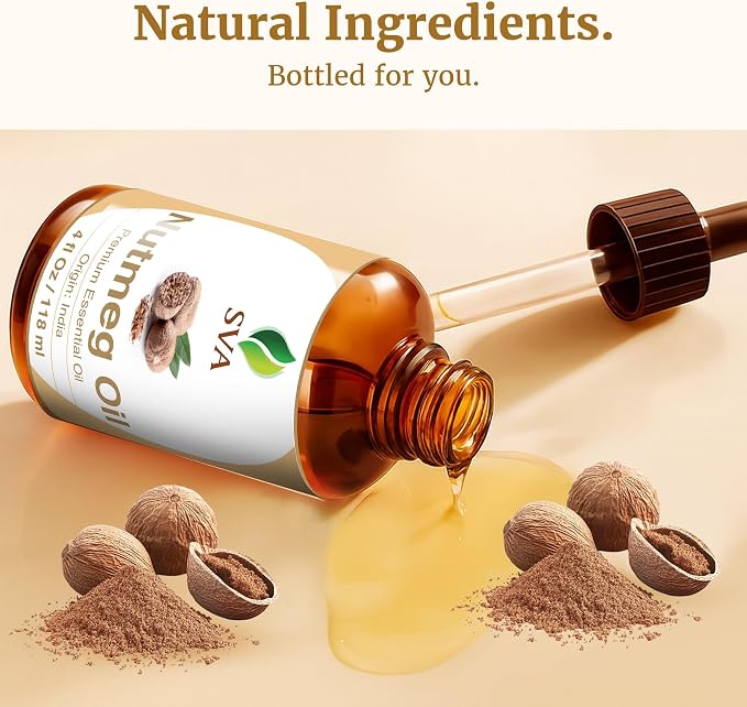 SVA Nutmeg Essential Oil 4 Fl Oz – for Diffuser, Skin & Hair Care – Ideal for Massage & DIY Blends - with Dropper