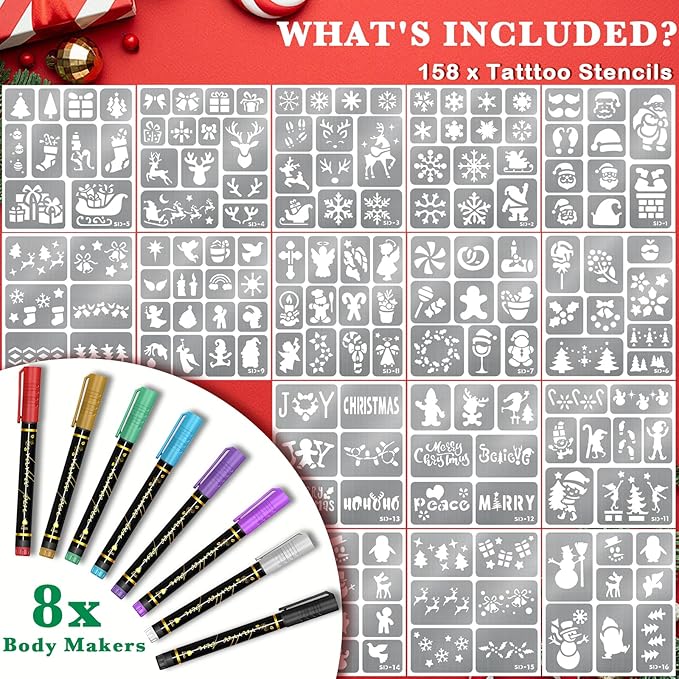 Temporary Tattoo Markers for Skin, 8 Body Markers + 158 Christmas Tattoo Stencils for Kids Adults, Flexible Brush Tip & Bright Colors Body Marker and Fake Tattoos Stencils Set for Party Favor Gift
