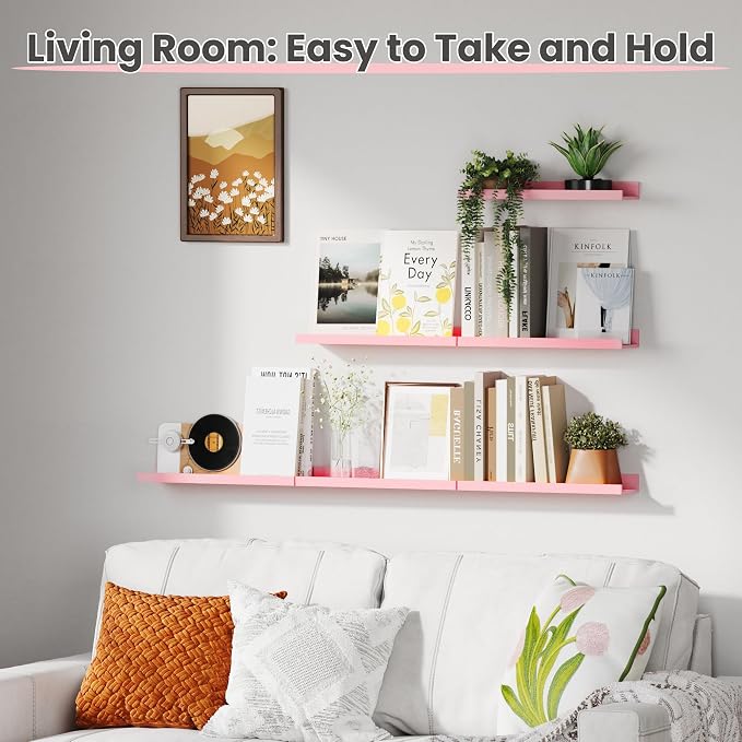 upsimples Floating Shelves for Wall Decor and Storage, Pink, 6Pcs 15.7'' | Wall Mounted Wood Shelves for Living Room, Bedroom, Bathroom, Kitchen, Office, Laundry Room Display and Organize