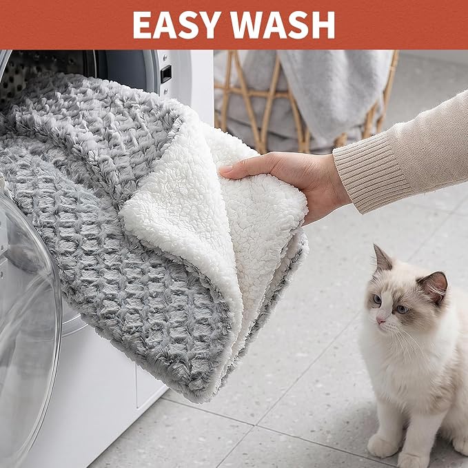 Cat Bed for Indoor Cats, Self Warming Basketweave Chenille Fur Mat | 23.6"x15.7", Faux Rabbit Fur in Basketweave, Silent Crinkle-Free, Double-Sided Cozy, Non-Slip Bottom, Machine Washable