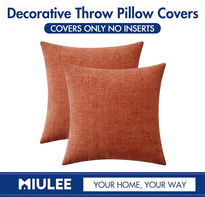 MIULEE Soft Chenille Fall Throw Pillow Covers Burnt Orange 18x18 Pack of 2 | Modern Fall Home Decor, Classic Decorative Pillows, Solid Dyed Cases, Boho Couch Cushion Covers for Sofa Bed Living Room