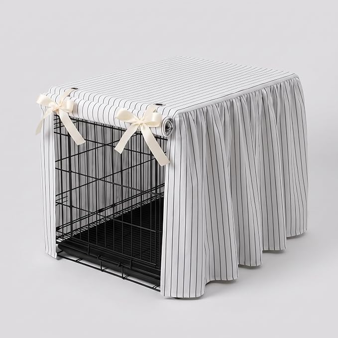 Boomkin Farmhouse Striped Dog Crate Cover 24 Inch, Rustic Cottagecore Pet Kennel Cover with Ruffled Skirt & Roll-Up Door, Elegant Fabric Decorative Dog Cage Cover for Indoor Home Decor