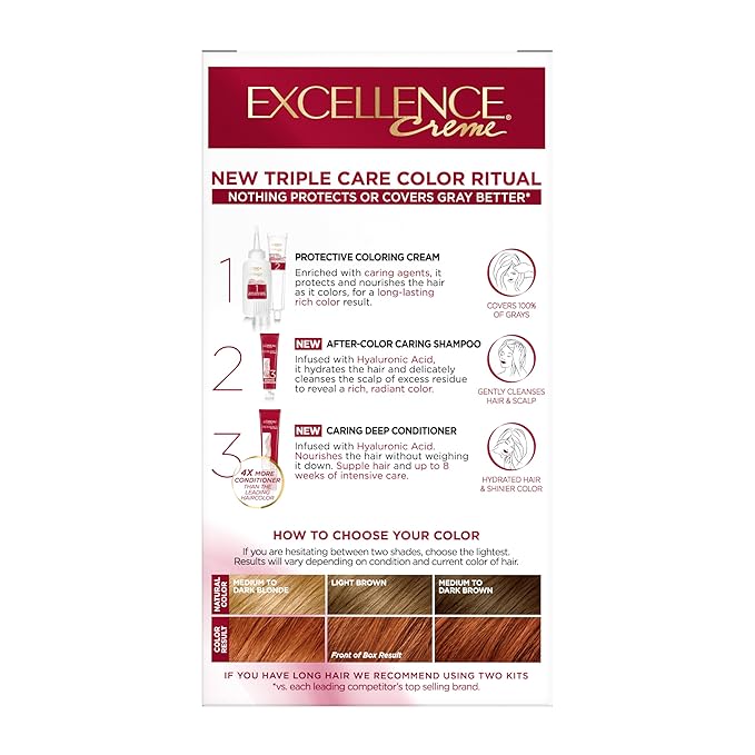 L'Oreal Paris Excellence Crème Permanent Hair Dye, Triple Care Hair Color with Pro-Keratine Complex for 100% Gray Hair Coverage, 6R Light Auburn, 1 Kit