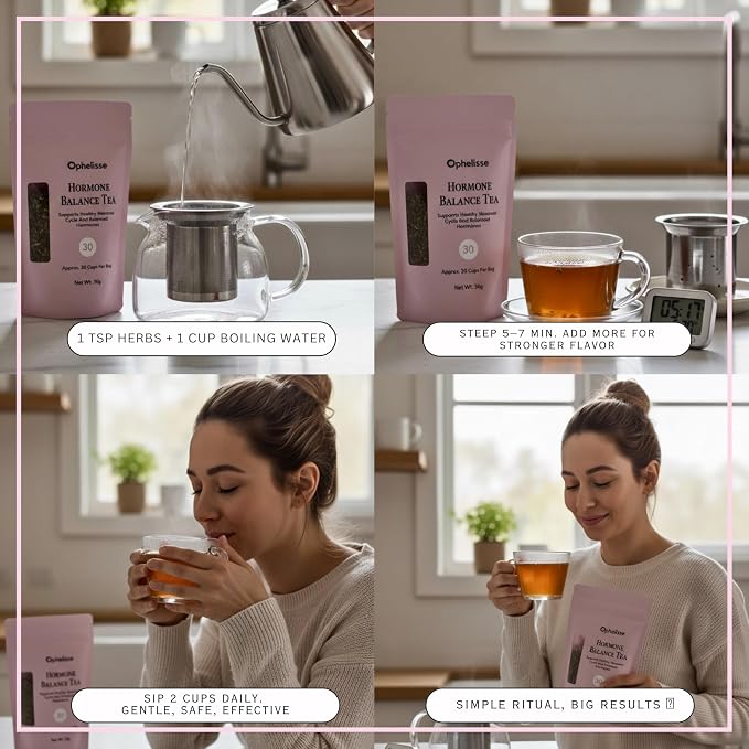 Ophelisse Hormone Balance Tea for Women — 8-Herb Loose Leaf Blend with Red Raspberry Leaf & Spearmint — PMS, Period Cramp, Mood & Bloating Support — Natural Plant-Based Herbal Wellness Tea 30 Servings
