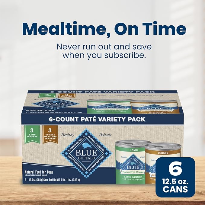 Blue Buffalo Homestyle Recipe Variety Pack Wet Dog Food, 12.5 oz, 6 ct | Turkey & Lamb Dinner (3 of Each), No Chicken By-Product, Corn, Wheat, or Soy