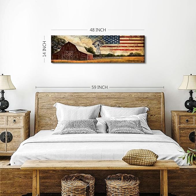 Farmhouse Barn Wall Art Country Western Wall Decor Vintage Windmill Pictures for Kitchen Living Room, Old Barn Landscape Canvas Painting America Flag Poster Prints Artwork Cabin Decoration 14x48”
