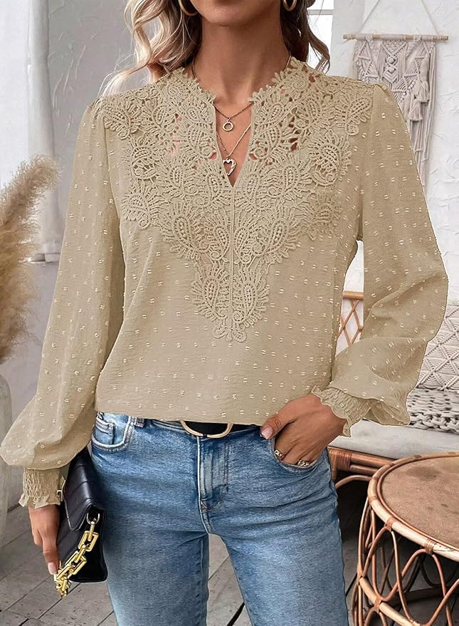 Womens Tops Swiss Dot Boho Long Sleeve Shirts V Neck Casual Chiffon Blouses Flowy Lace Hem Cute Clothing Trendy 2026