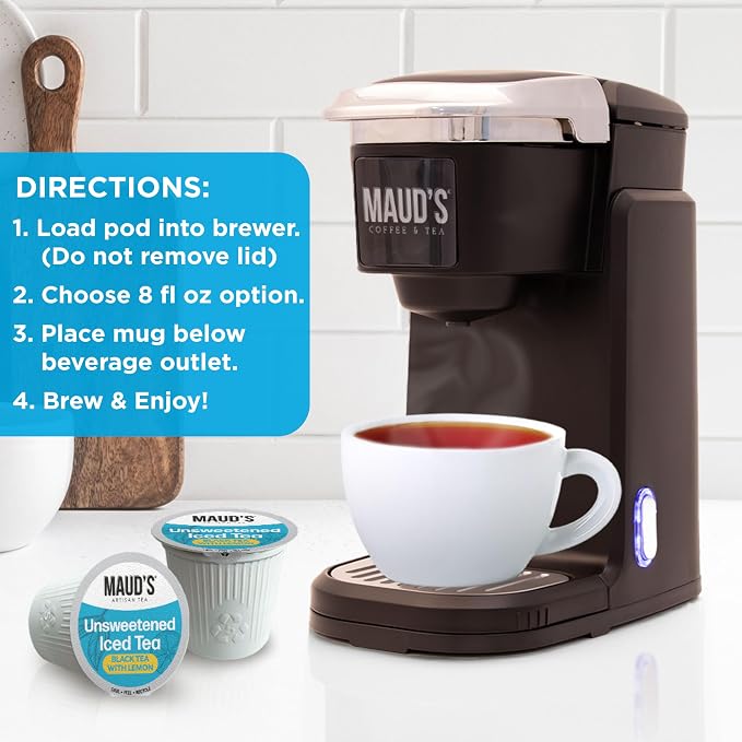 Maud's Iced Black Tea Pods with Lemon, 24 ct, Single Serve Pods – 100% Gourmet Blended Tea Leaves, Compatible with Keurig K Cups Maker