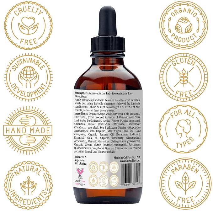 Laritelle Organic Hair Loss Prevention for Men & Women 4 oz | Prevents Hair Loss, Promotes New Healthy Hair Growth & Scalp Health | Chamomile, Calendula, Arnica, Rosemary, Geranium | GMO-free. Vegan