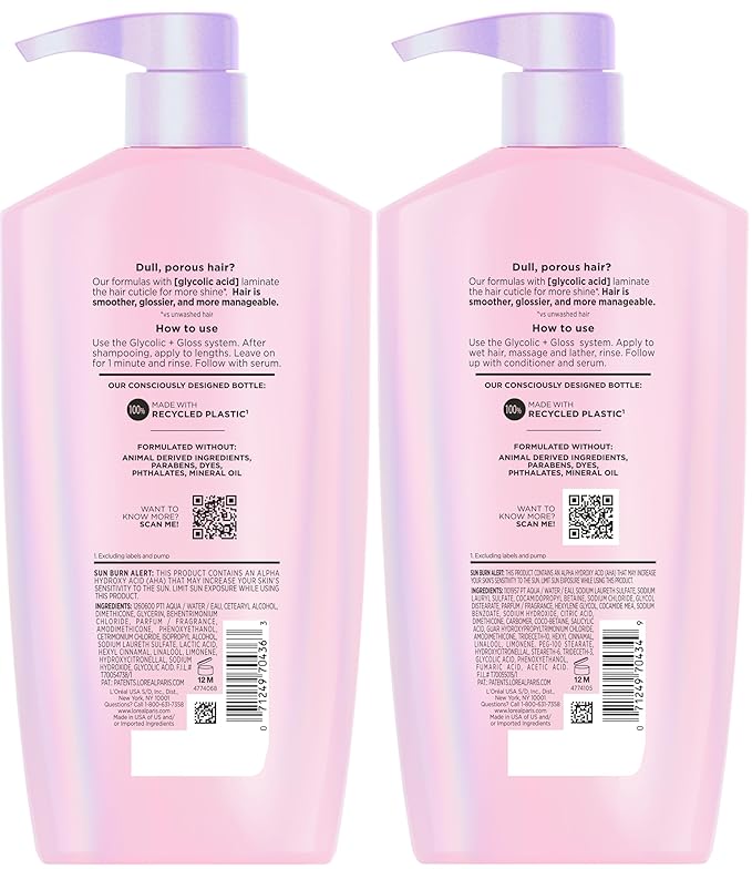 L'Oreal Paris Elvive Glycolic + Gloss Shine Boosting Shampoo and Conditioner Set, Cleanses and Smooths Dull, Porous Hair Into High-Shine, Glossy Hair, 1 Kit