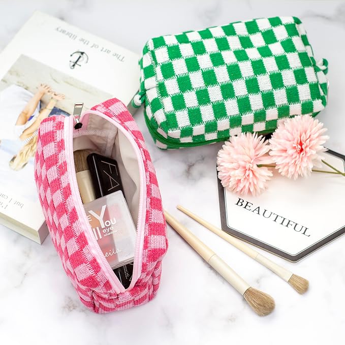 PAZIMIIK Checkered Makeup Bag for Purse Portable Zipper Make Up Pouch Small Cosmetic Case for Travel Accessories (6PCS Green)