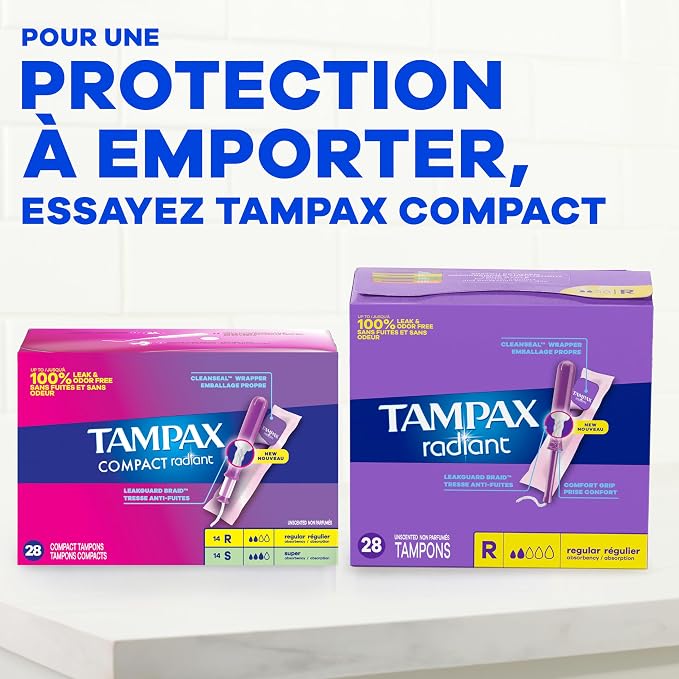 Tampax Radiant Tampons for Women Multipack,with LeakGuard Braid,Regular/Super Absorbency,Unscented,84 Count (Pack of 2)