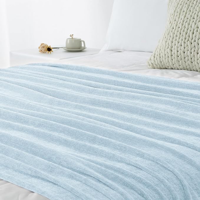 Chenille Throw Blanket for Couch 50" x 60", Light Blue | Soft Cozy Warm Throws with Fringe Tassel, for Living Room Bed Sofa Chair Cover, Lightweight Knitted Decorative Boho Blankets