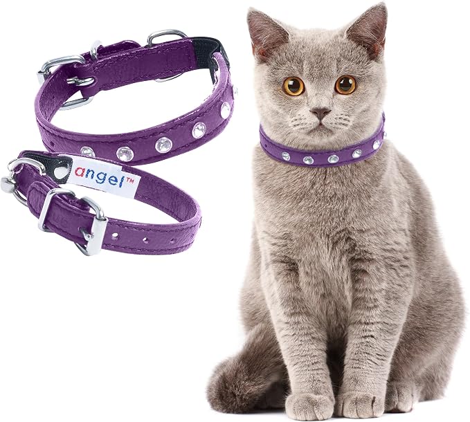 Athens Cat Collar, Leather Kitten Collar w/Rhinestones, Sturdy Breakaway Cat Collar with Bell & Elastic Stretch, bCat Accessories, Orchid Purple, 10 x ½ inches - Angel Pet Supplies