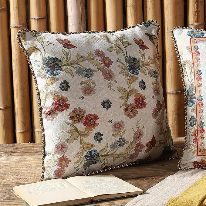 patdrea French Vintage Linen Pillow Cover,18"x18",Set of 2-Townlife B | Decorative Pillow Case with Zipper,Floral Pattern,Pillow Cover for Couch Living Room Bedroom Sofa
