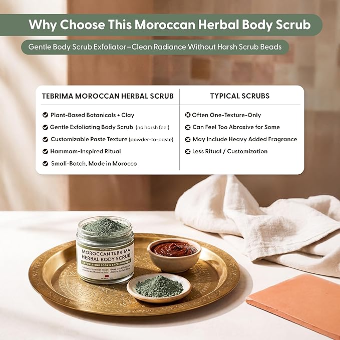 Moroccan Tebrima Herbal Exfoliating Body Scrub Powder | Natural Body Exfoliator for Women & Men, Gentle Bikini Exfoliating Scrub with Nila, Henna, Rose & White Clay for Smooth, Glowing Skin