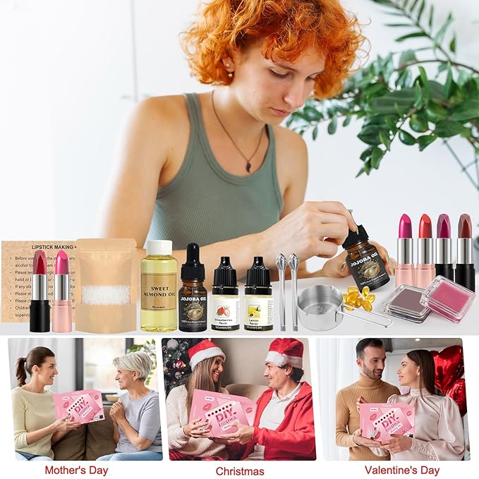 DIY Lipstick Making Kit- Natural Beeswax Based Lip Gloss & Matte Lip Gloss Making Kit, Craft Long-Lasting Matte & Velvet Lipsticks, Christmas Makeup Gift for Women, Girls & Beginners