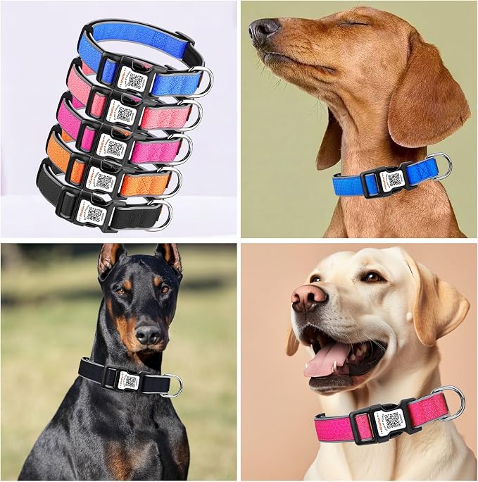 Personalized Dog Collar with QR Code Dog Tag, Oxford Pink S | Anti-lost, Oxford, reflective, padded, XS-L(8"-24"), QR buckle shares lost pet profile, location alerts when scanned, No Fees