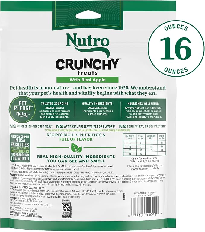 Nutro Crunchy Dog Treats with Real Apple, 16 oz | 5 calories per treat, natural ingredients, no corn, wheat, soy protein, low calorie, quality protein, ideal for training