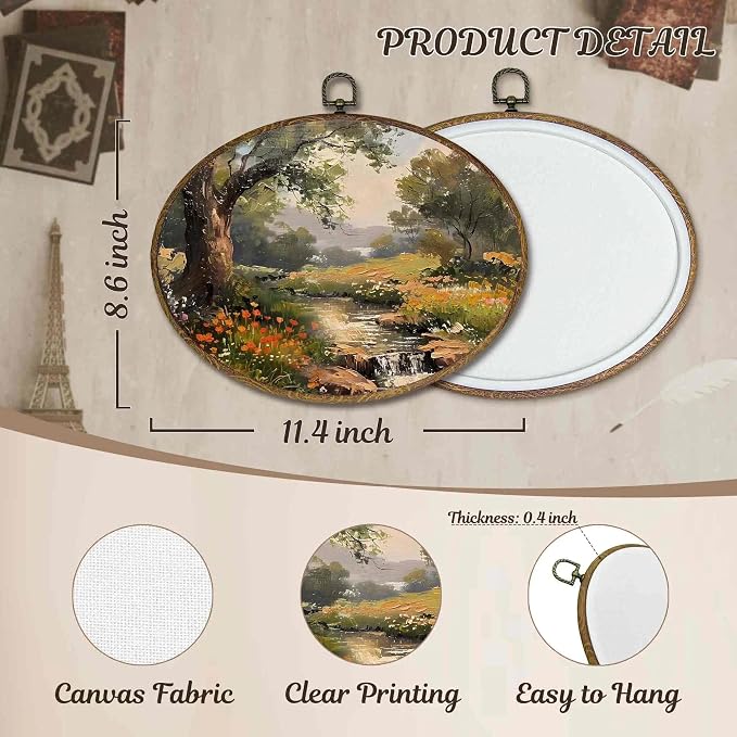 LKETW Vintage Rustic Cottagecore Oval Wall Art Decor, Farmhouse Cottage Oval Canvas Hanging Decor, Country Floral Botanical Landscape Wall Decorations for Home Bedroom Living Room, 11.4x8.6 Inch