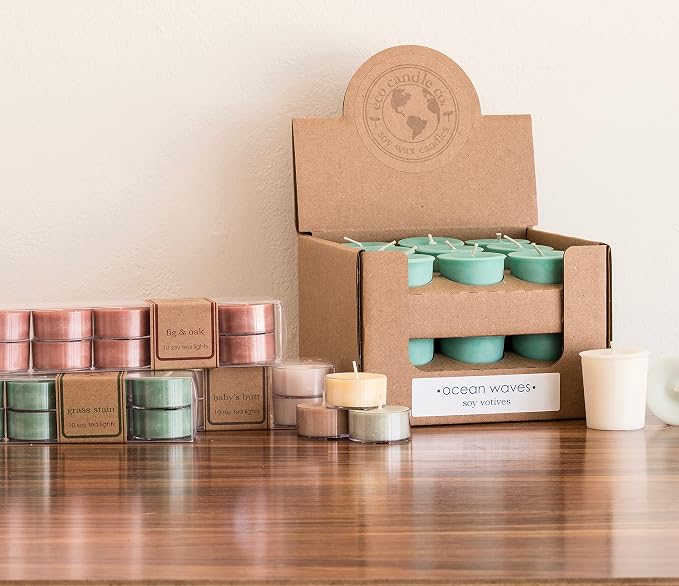 Eco Candle Co. Eucalyptus Sage Tea Light Candles, 10-Pack, 9 Hr Burn Time | Scents of Eucalyptus, Sandalwood, Rosemary, & Sage - Recyclable,, No Lead, Hand Poured, USA Made