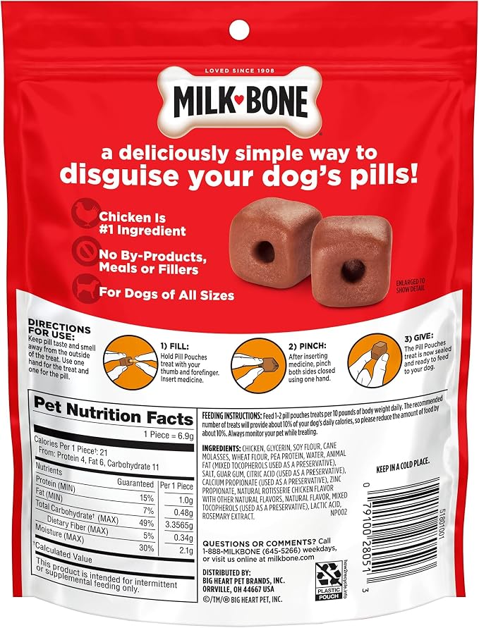 Milk-Bone Pill Pouches Dog Treats with Real Chicken, 30 Count Bags (Pack of 4)