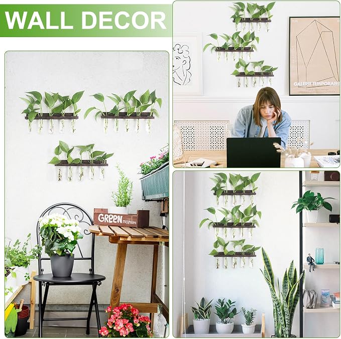 Wall Hanging Plant Propagation Station 15 Glass Test Tubes - Brown | 3 Tiered Vase Planter for Hydroponic Home Garden Office Decor, Gardening Gifts for Women Plant Lover