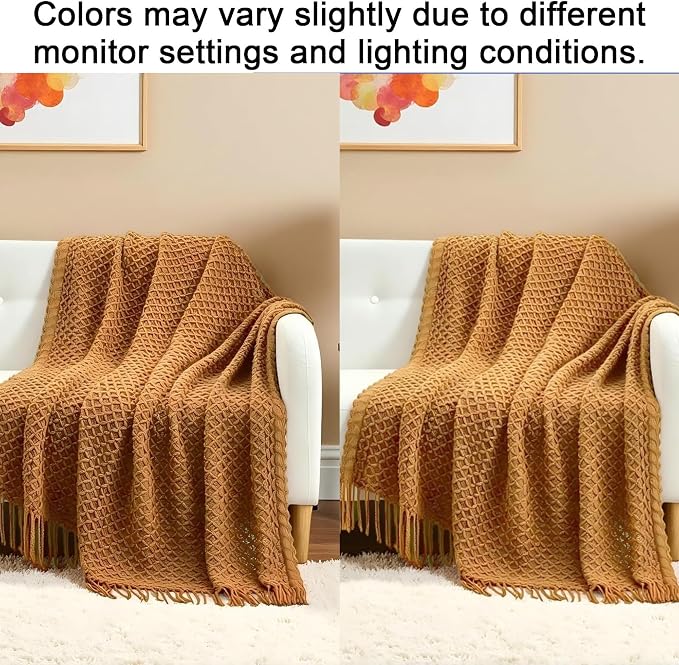 CREVENT Farmhouse Boho Knitted Throw Blanket for Couch Sofa Chair Bed Home Decoration, Soft Warm Cozy Light Weight for Spring Summer Fall (60''X80'' Light Brown)