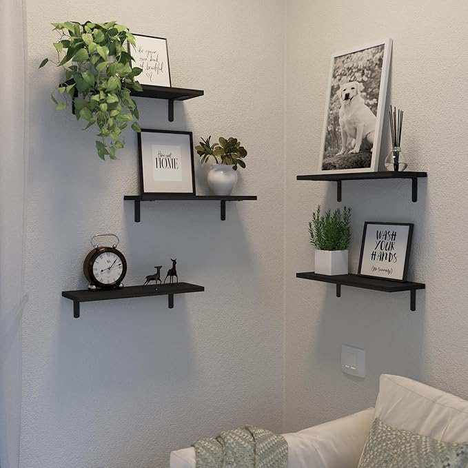 DOLLFIO Floating Shelves, 5 Sets Wall Shelves, Wood Floating Shelves for Bedroom Wall Décor, Wall Mounted Floating Bathroom Shelf for Storage, Floating Book Shelf, Living Room – Black