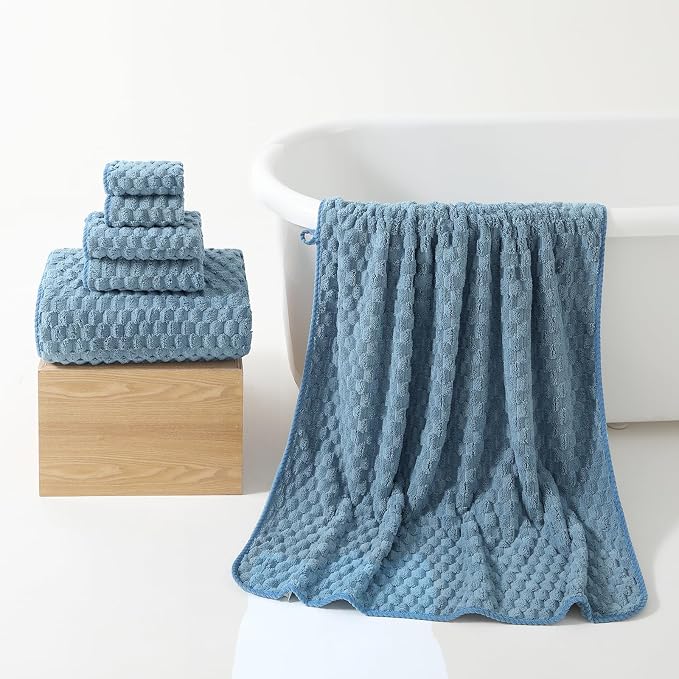 REDKISS Blue Microfiber Towels Set of 6-35x70 Inches Oversized Bath Sheets, Extra Large Bath Towels Set of 6, Super Soft Quick Dry Lint Free Absorbent Waffle Microfiber Shower Towels