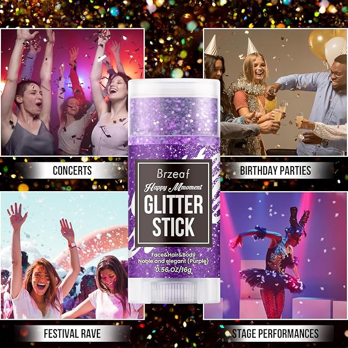 Brzeaf Waterproof Purple Glitter Stick, Not Greasy & Shimmery & Long Lasting, Chunky Glitter for Face/Body/Hair/Eyes, Singer Concert Music Christmas Rave Festival, Glitter Stick Makeup for Women Men