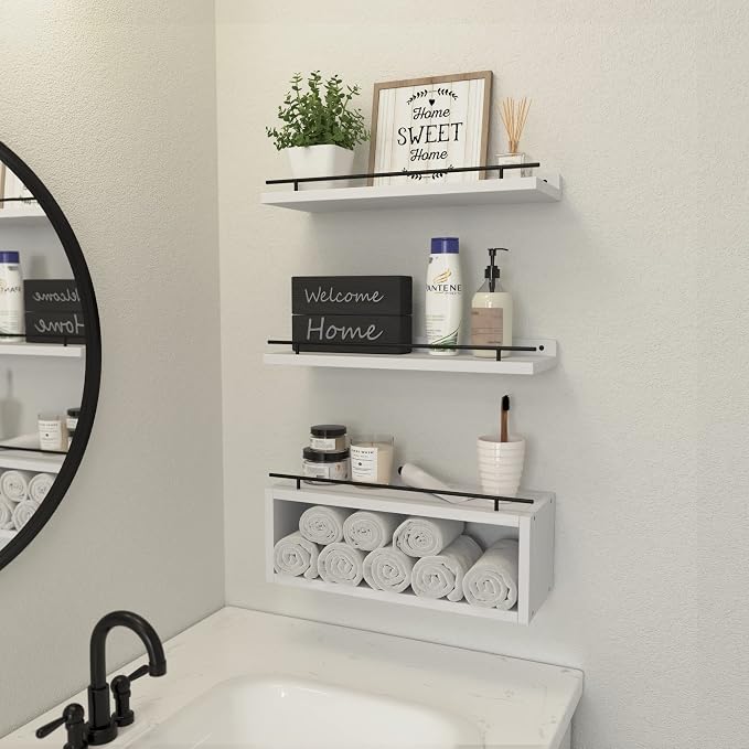Floating Shelves for Wall with Cube Shelf, Wall Shelves with Metal Rail for Decor, Bathroom Organizers and Storage, Over Toilet Shelves for Bathroom, Toilet Paper-White