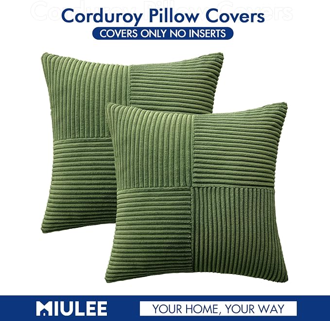 MIULEE Moss Green Decorative Throw Pillow Covers for Couch 20x20 Inch | 2 Pack, Boho Farmhouse Pillow Covers, Soft Cross Corduroy Patchwork Textured Cushion Cases For Bed Sofa