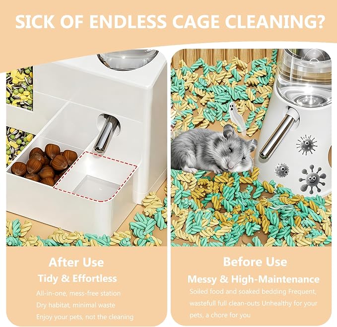 YSHOME&PET 2 in 1 Hamster Water Bottle No Drip Automatic Food Feeder | Small Animal Water Dispenser and Food Bowl with Snack Bowl Cage Accessories for Hamster Gerbils Mouse Hedgehog