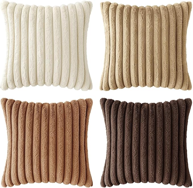 MIULEE Faux Fur Plush Decorative Throw Pillow Covers 18x18, Brown | Set of 4, Fall, Striped, Soft Boho Farmhouse Rustic Home Decor, Cushion Cases for Sofa Couch Bed Living Room