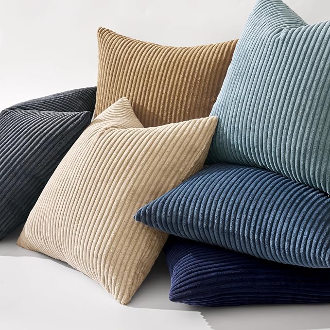 MIULEE Decorative Corduroy Throw Pillow Covers Set of 2 18x18 Dark Blue | Soft Striped Textured Cushion Cases, Boho Coastal Square Pillowcases for Home Decor, for Couch Chair Sofa Bed Living Room
