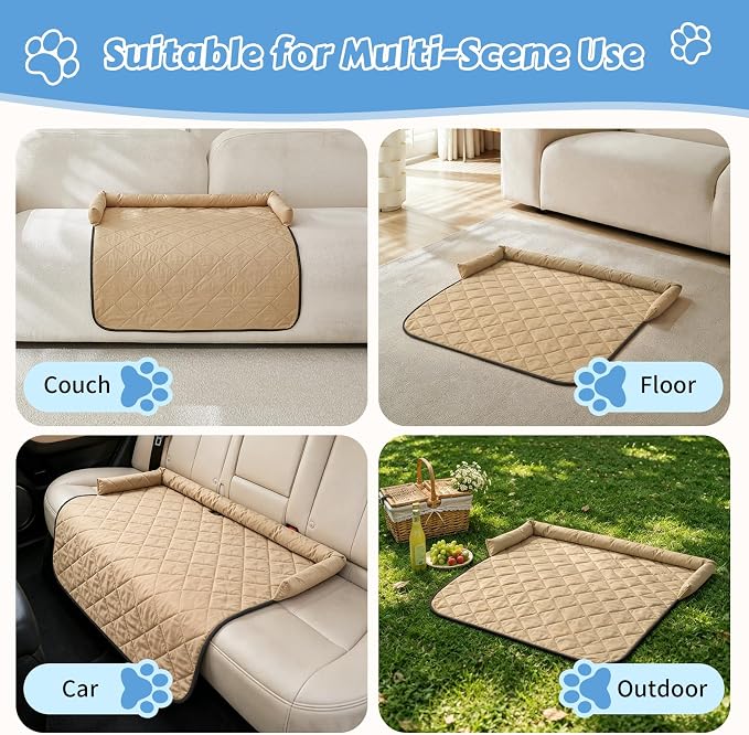 Cooling Dog Bed Mats with Neck & Head Support, 35.43 x31.5 inch Khaki | for Small and Medium Dogs & Cats, Non-Slip, Machine Washable, Protects Sofa from Fur & Scratches