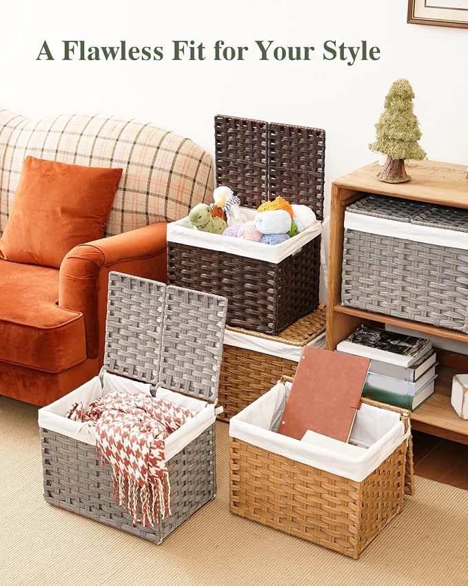 SETVSON Storage Basket with Lid Woven Wicker Baskets, 35L Natural | 9.2 Gallon Storage Bin with 2 Separate Lids, 2 Removable Liner Bags with Divider for Small Clothes, Sturdy Metal Frame