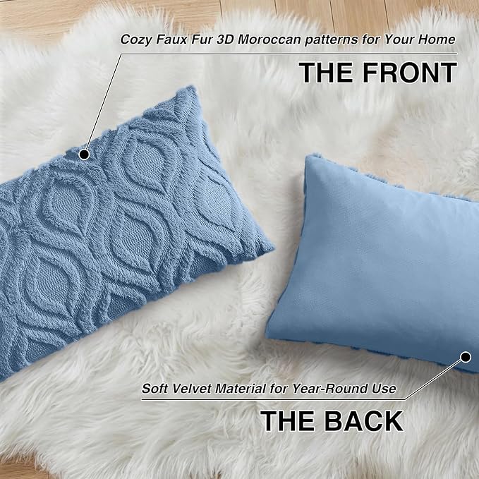 decorUhome Faux Fur Plush Soft Blue Throw Pillow Covers 12x20 Set of 2 | Wool Solid Fall Couch Pillow Covers, Accent Modern Farmhouse Neutral Decorative Square Pillow Cases for Sofa Bed Living Room