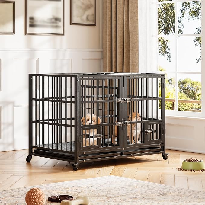42 Inches Heavy Duty Dog Crate, Large Metal Dog Kennel with Flexible Divider, 2 Door, Feeding Bowls, Dog Cage House with Removable Tray and Wheels for Small Medium Large Pets