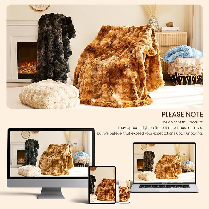 L'AGRATY Faux Rabbit Fur Throw Blanket for Couch, 50'' x 60'' Almond White | Soft Cozy Bubble Fluffy Blanket for Sofa Bed, Thick Warm Plush Fuzzy Throw for Room Home Decor, Luxury Gift for Women Mom